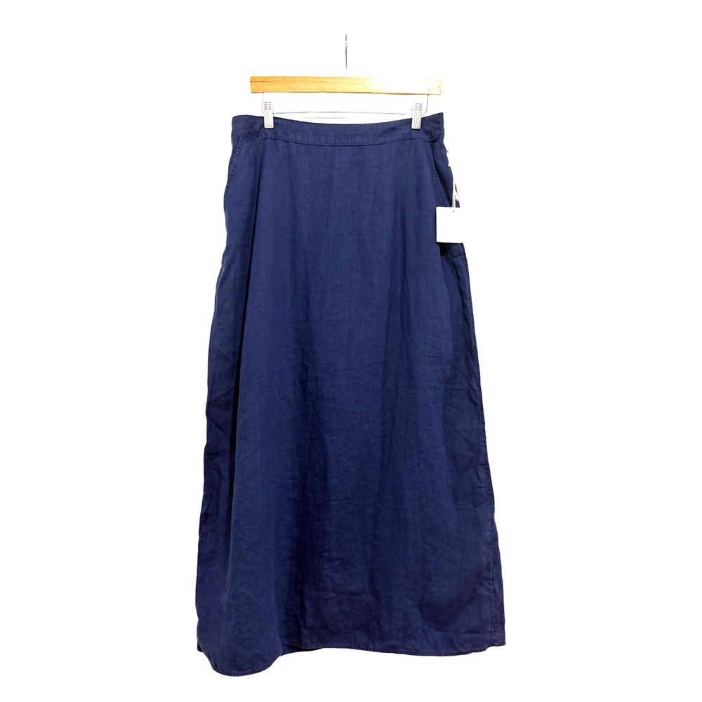 Halston Womens Navy Blue 100% Linen Maxi Skirt High Waist Pockets Large NEW